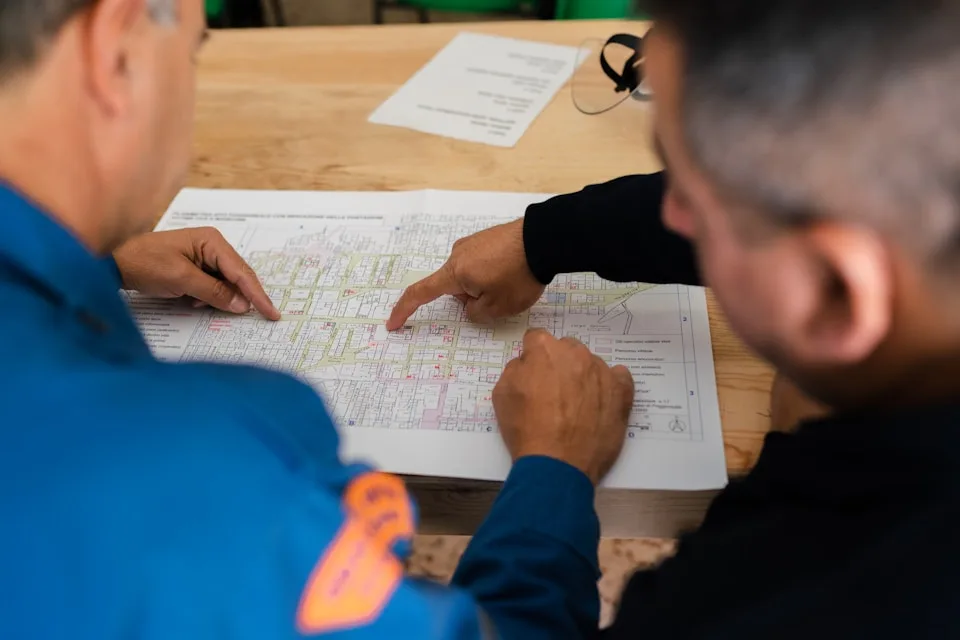 Zwei Fachkräfte betrachten einen technischen Plan auf dem Tisch und zeigen auf Informationen darin