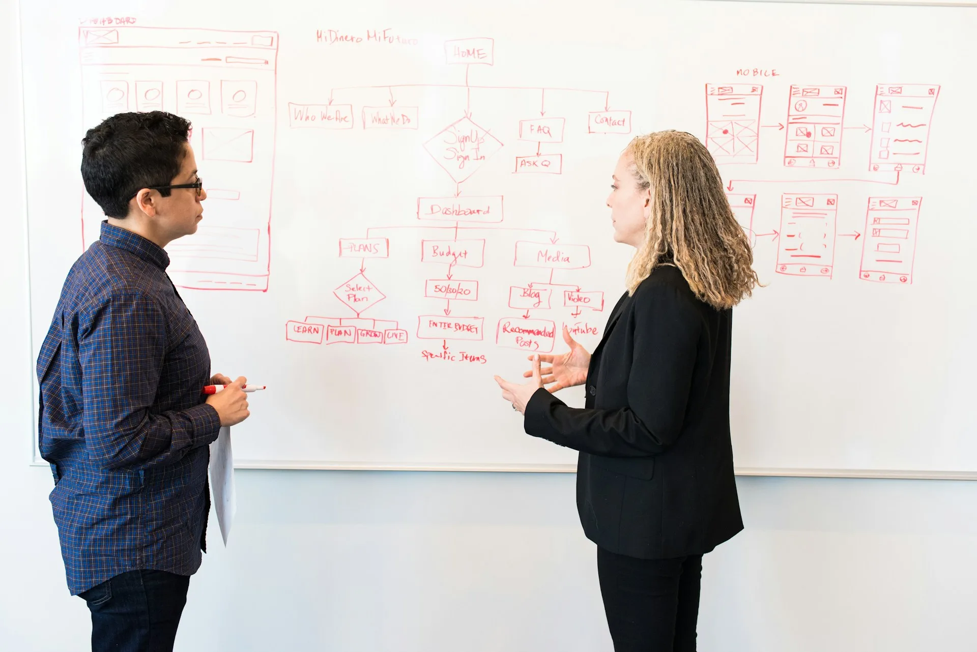 Zwei Fachkräfte unterhalten sich vor einem Whiteboard mit Diagrammen und Notizen.