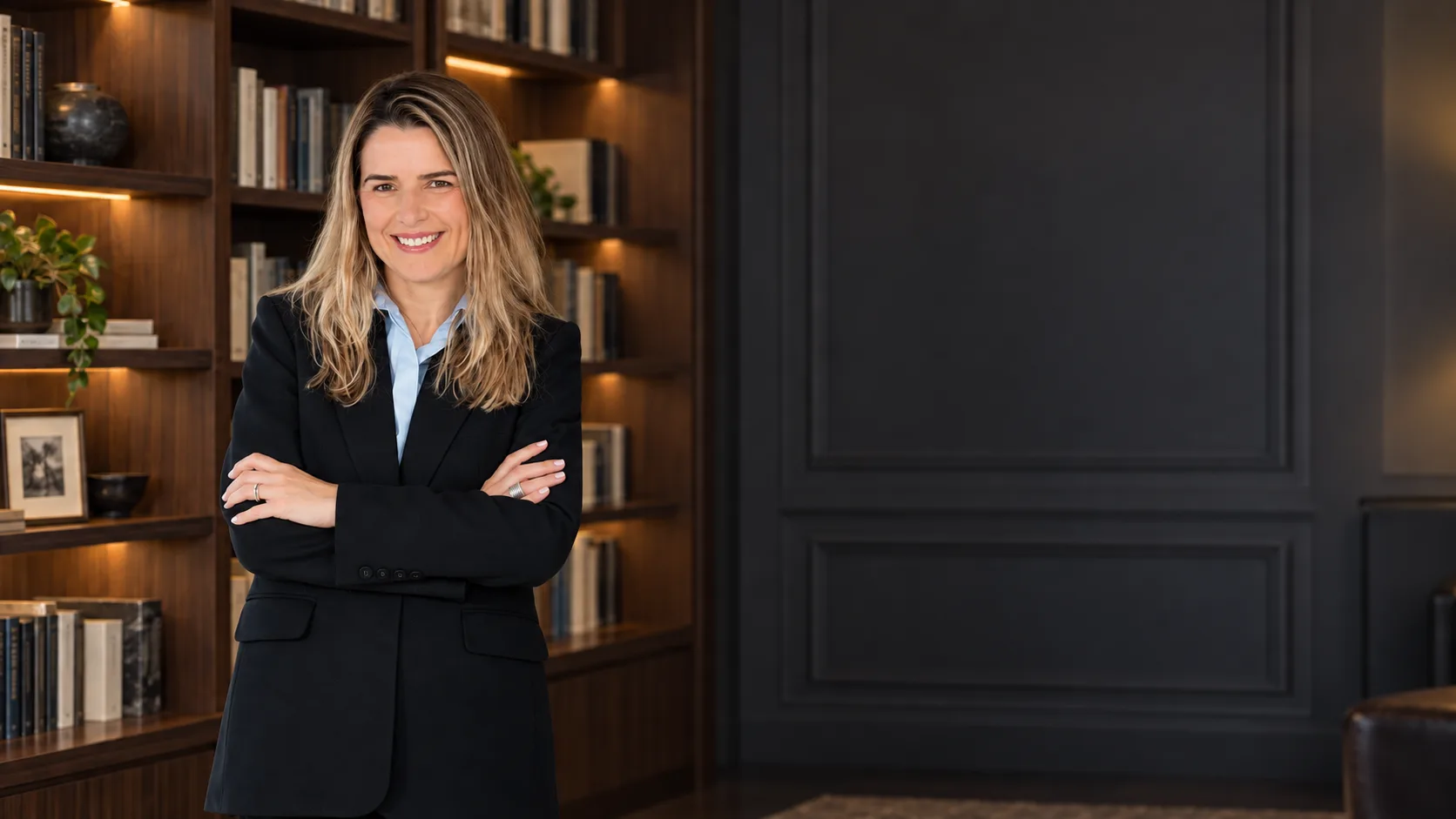 Andreza Araújo 站立，身穿黑色西装外套和蓝色衬衫，置身高管图书室合成画面