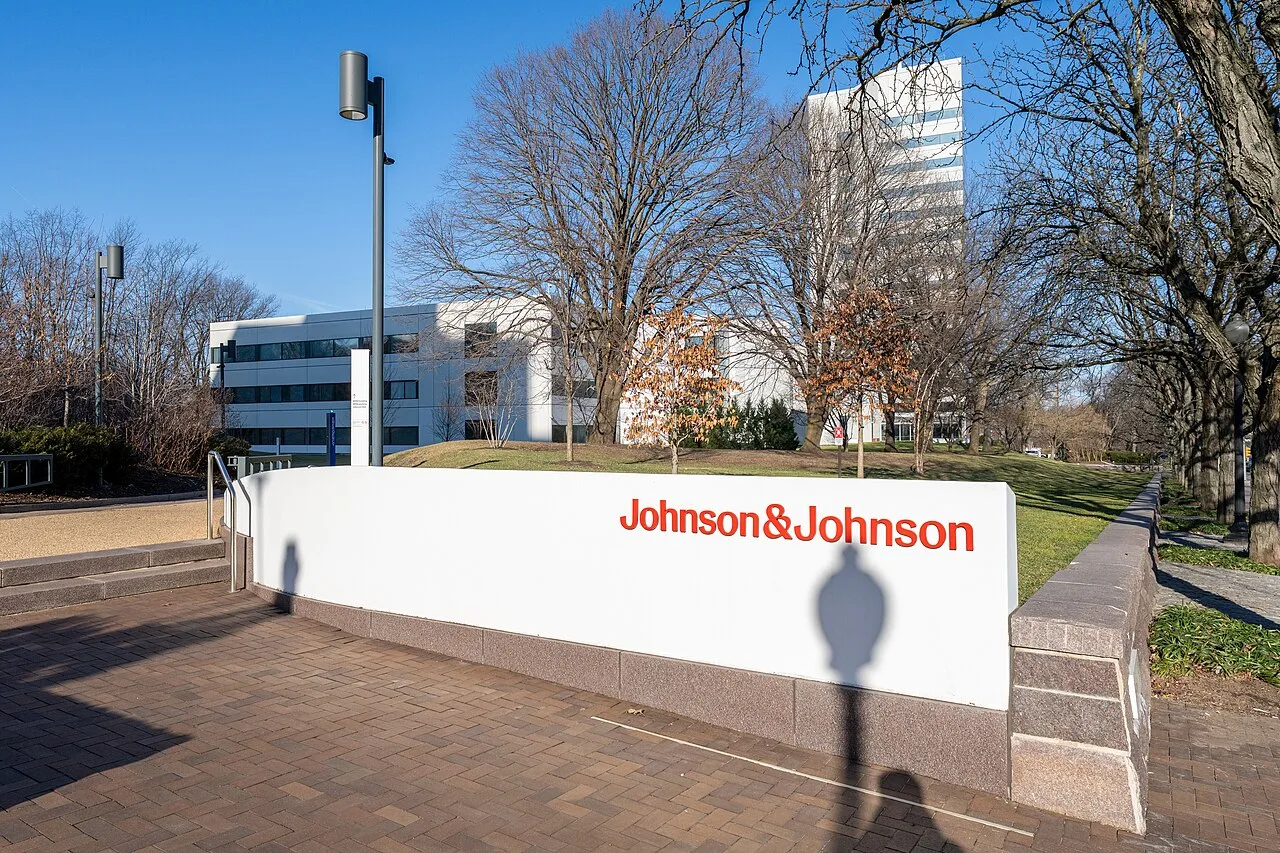 Johnson & Johnson headquarters in New Brunswick, United States, with the company’s name at the entrance