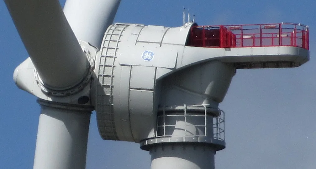 GE–Alstom Haliade wind turbine in Østerild, Denmark, with the GE logo on the nacelle
