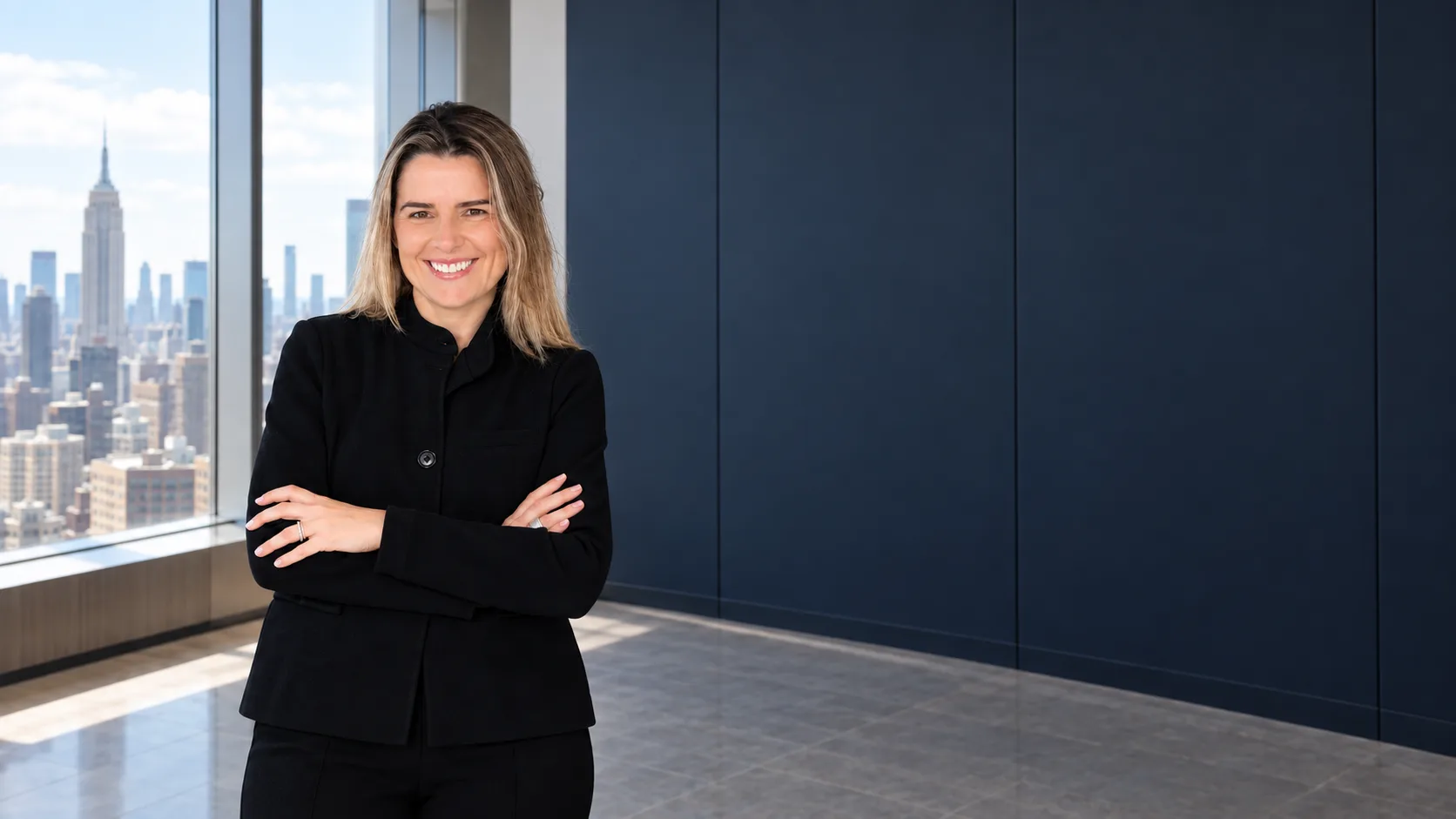 Andreza Araújo 站立，身穿黑色服装、双臂交叉，置身带纽约城市景观的办公室合成画面