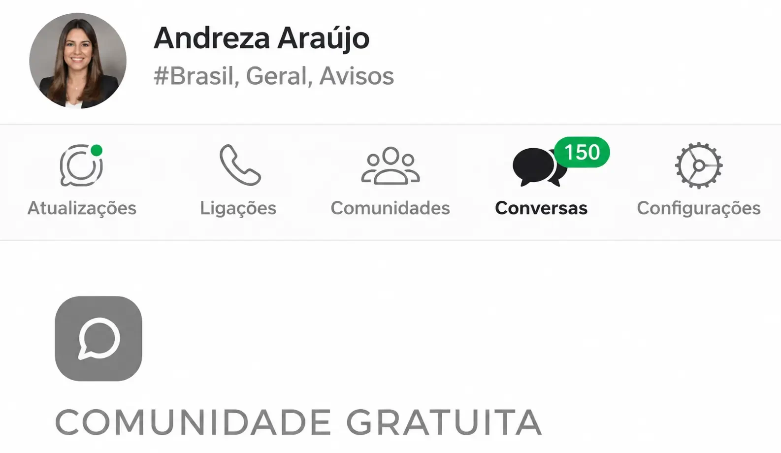 Ansicht der kostenlosen WhatsApp-Community von Andreza Araújo